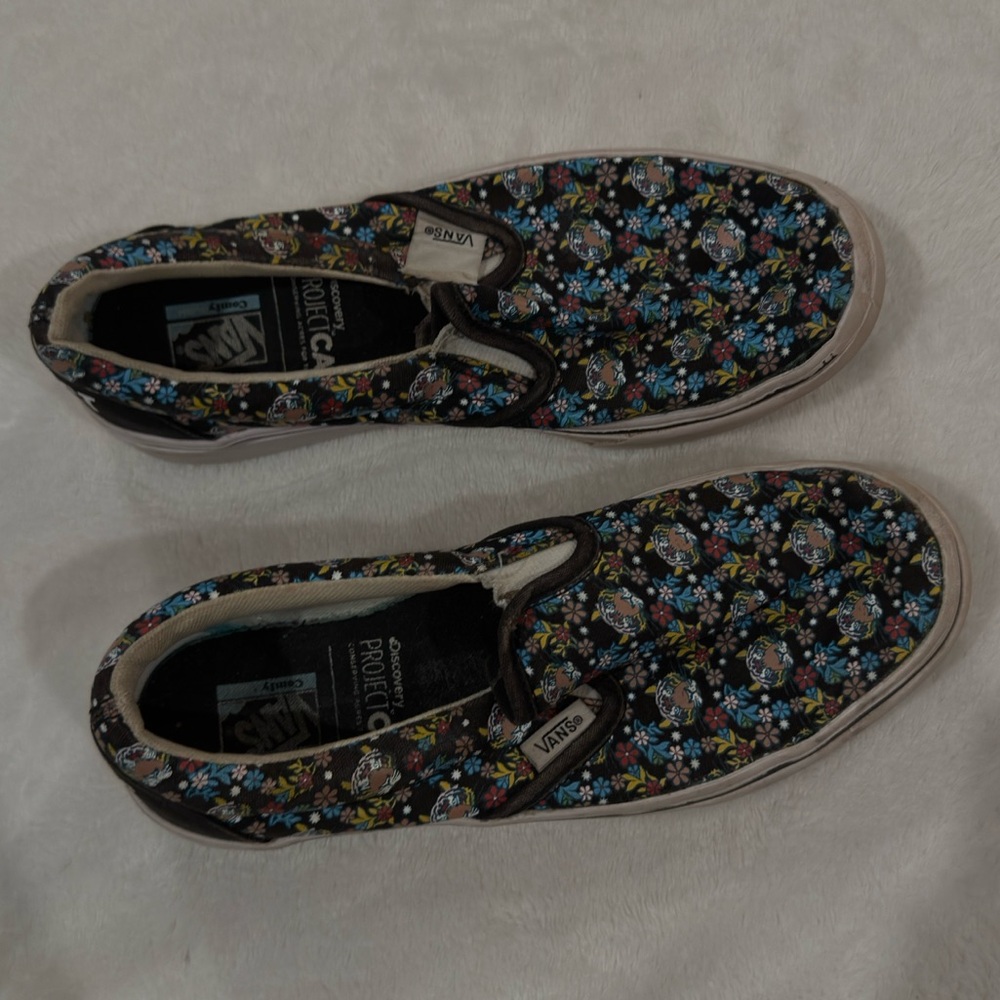 Vans Black Slip-On Sneakers with Blue and Yellow Floral Print